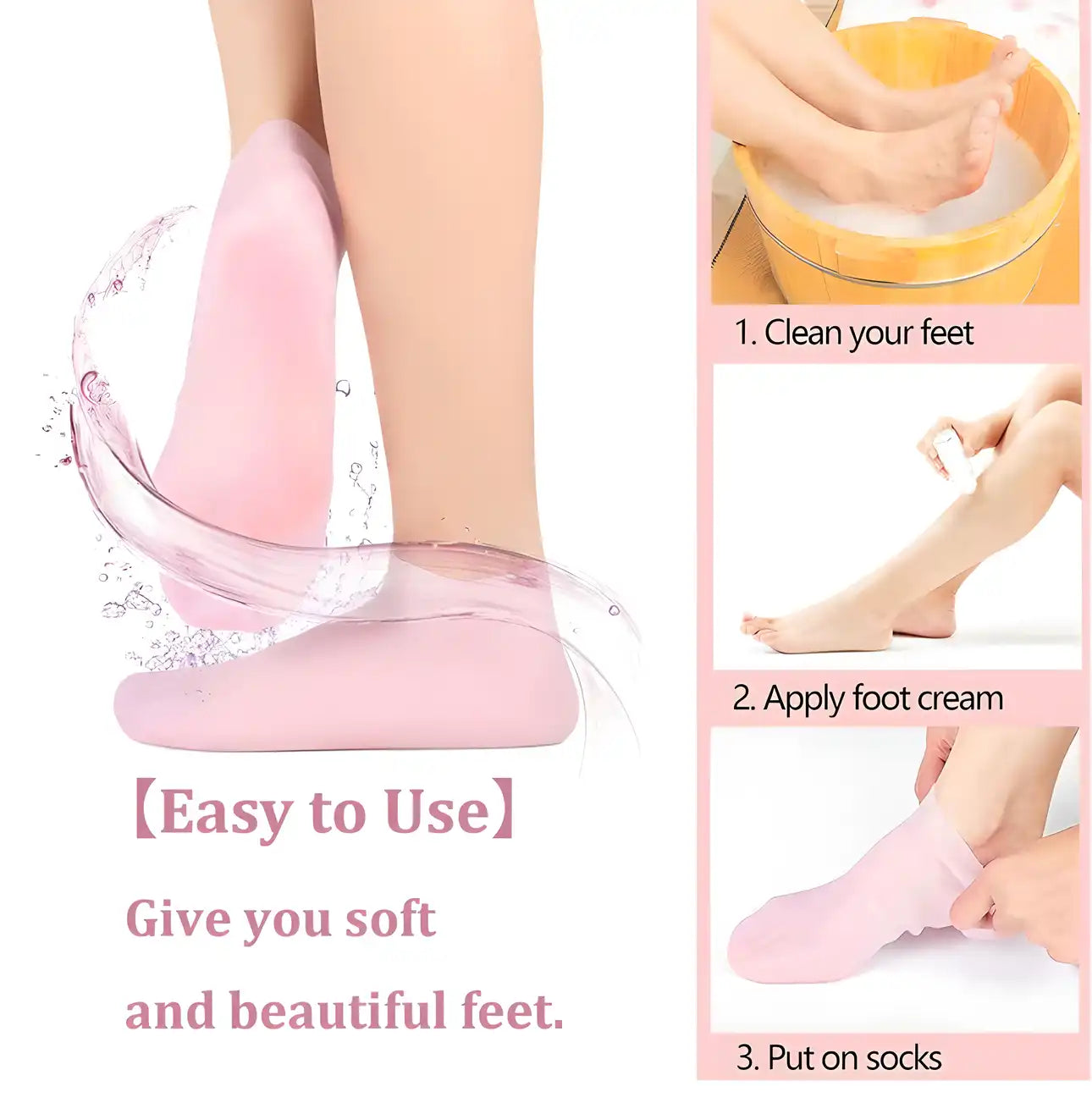 Silicone gel heel socks with anti-slip grips for dry, cracked feet, designed for comfort and skin repair.