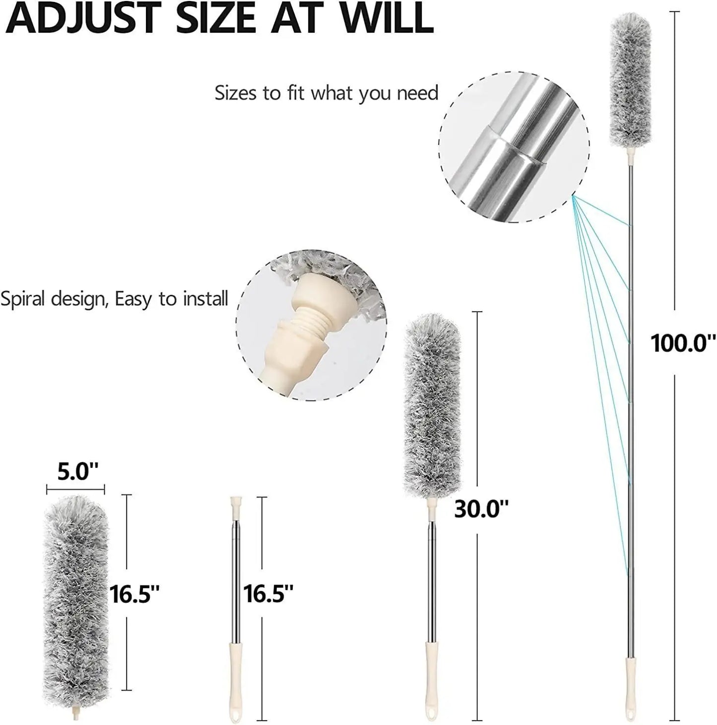 Microfiber duster with telescopic extension and bendable head for cleaning, scratch-resistant cover, part of kitchen tool sets.