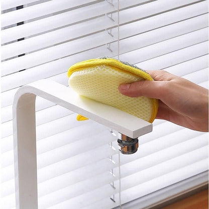 Set of five 19378 stainless steel 2-in-1 kitchen scrubber tools with sponges for cleaning dishes and surfaces.