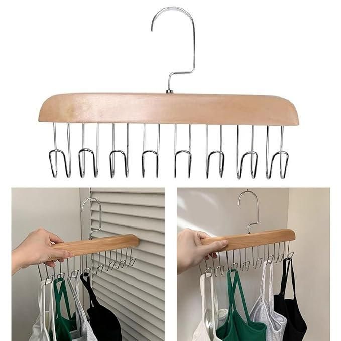 Set of two multifunctional wooden kitchen hangers with metal hooks, ideal for organizing utensils and cookware.