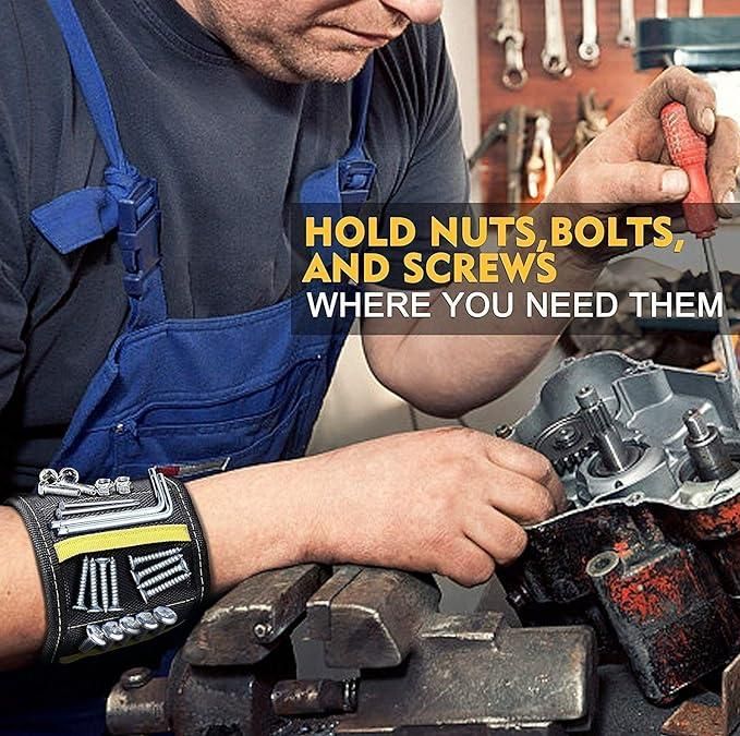 Magnetic wrist band for holding small metal accessories and tools, ideal for power tool projects, by brand 19378.