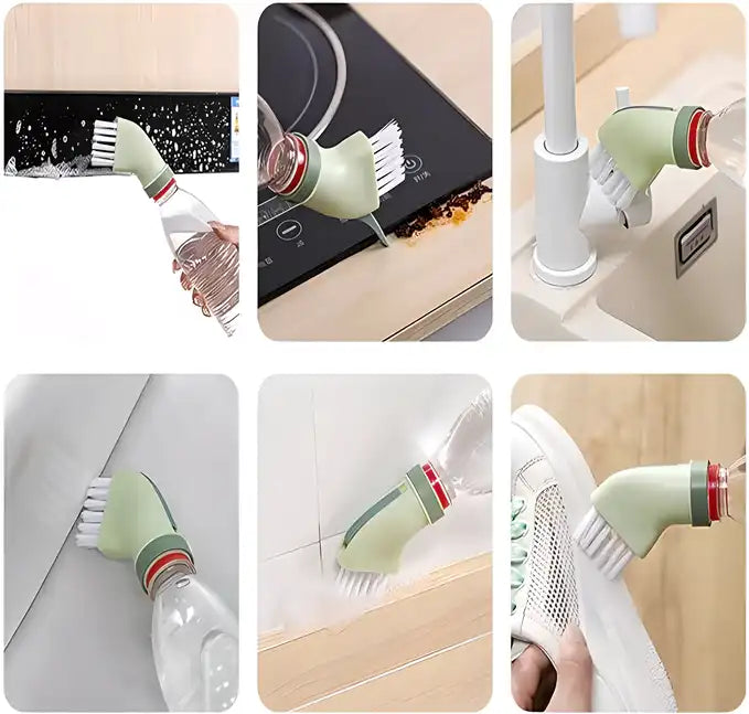 Two multi-use cleaning brushes from 19378, designed to connect to mineral water bottles, ideal for kitchen cleaning tasks.
