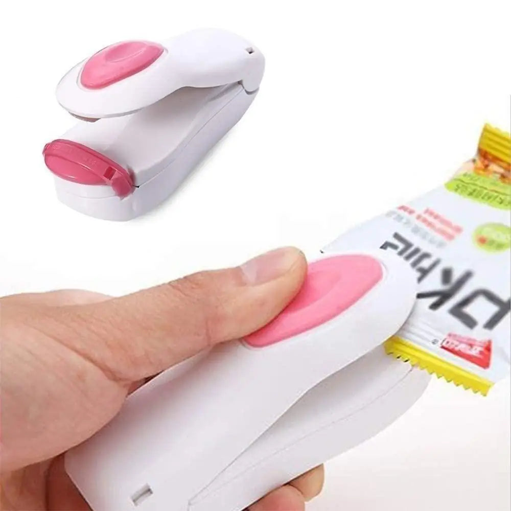 Multicolor portable small heat sealer for food storage, mini sealing machine for vacuum bags, plastic, snacks, and packaging.