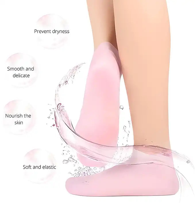 Silicone gel heel socks for dry cracked feet, featuring anti-slip design, designed to moisturize and soothe heel skin.