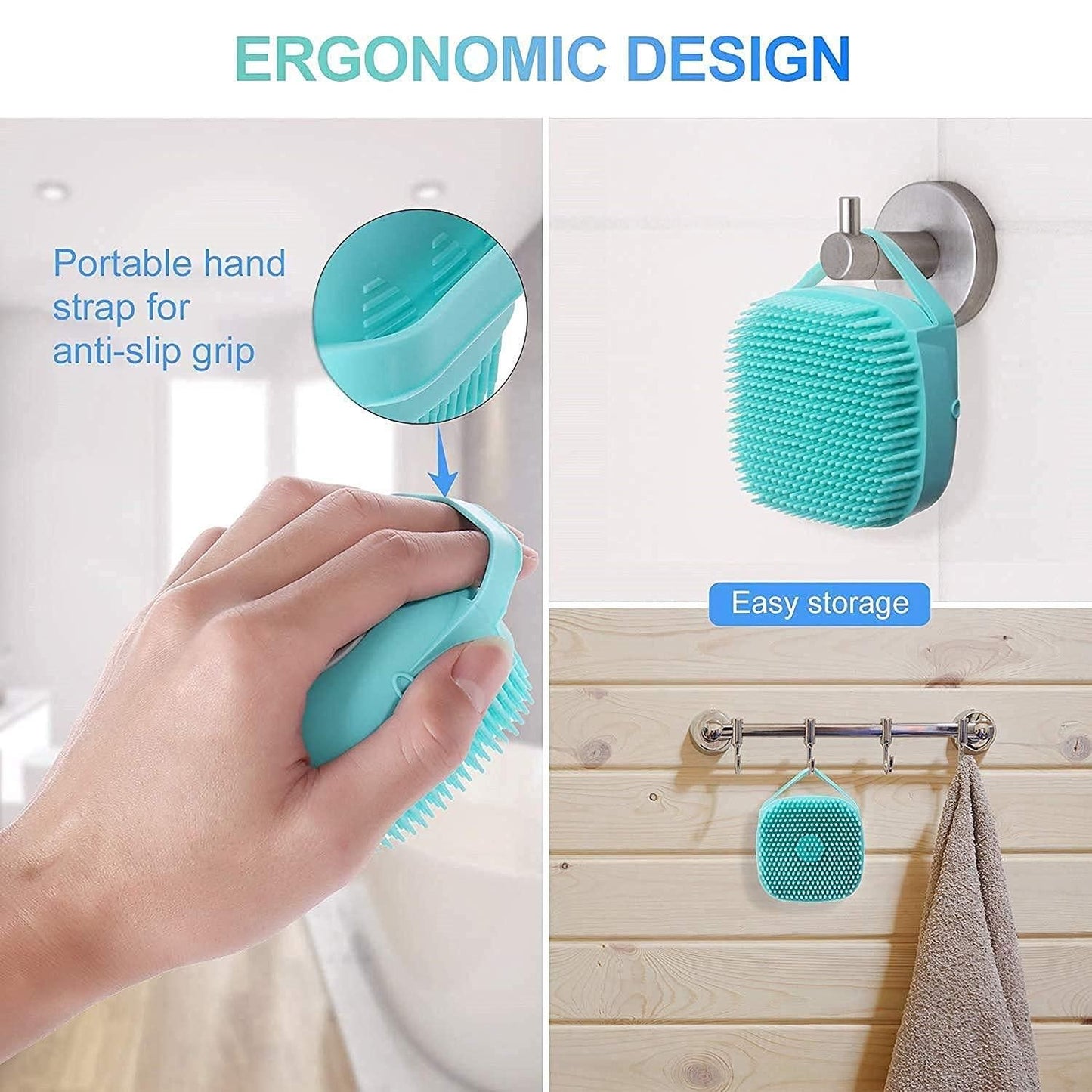 Soft silicone bath brush with hooks from 19378, designed for gentle cleaning and easy hanging during baby showers.