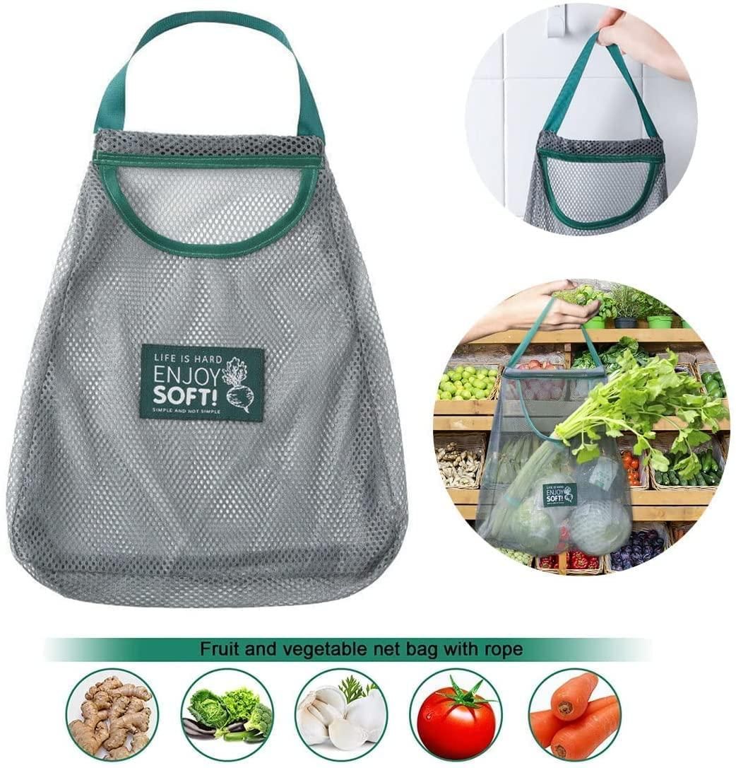 Set of reusable mesh bags for fruits in a kitchen tool set, ideal for storing and washing produce.