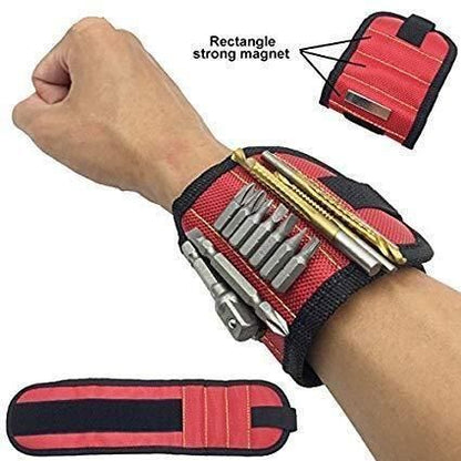 Magnetic wrist band for holding small metal accessories and tools, ideal for power tool users, shown on a person's wrist.
