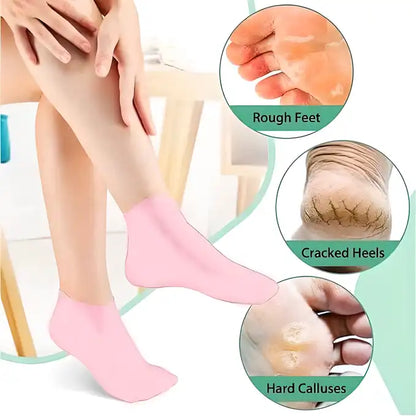 Silicone gel heel socks with anti-slip design for dry, cracked feet, providing moisture and comfort for foot care.