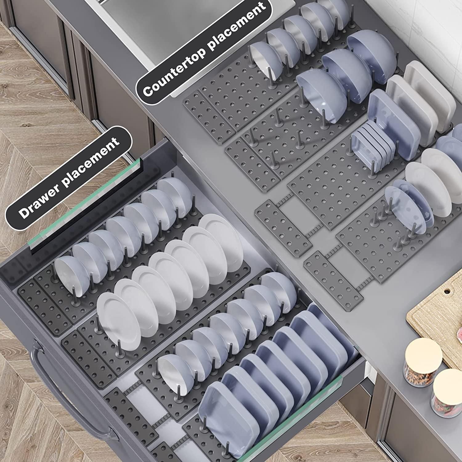 Kitchen cupboard drawer organizer with pegboard tray, part of 19378 kitchen tool sets, shown in a well-organized kitchen drawer.