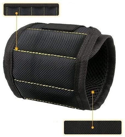 Magnetic wrist band for holding small metal accessories and tools, designed for power tool users, with adjustable strap and multiple magnets.