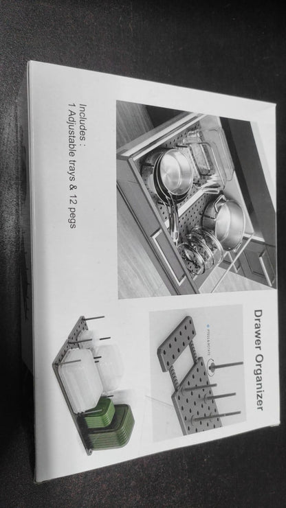 Kitchen cupboard drawer organizer with pegboard tray from 19378, ideal for kitchen tool storage and organization.