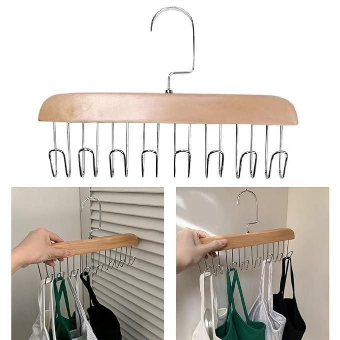 Set of two multifunctional wooden kitchen hangers with metal hooks for versatile storage and organization.