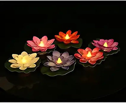 Six flameless lotus flower water sensor LED diyas in a Diwali decoration set, featuring illuminated water-sensitive lotus flowers.