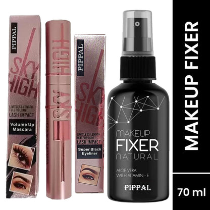 Pippal Beauty Makeup Fixer spray with Vitamin E and Aloe Vera, 80ml, alongside sky-high black eyeliner and mascara in a beauty setup.