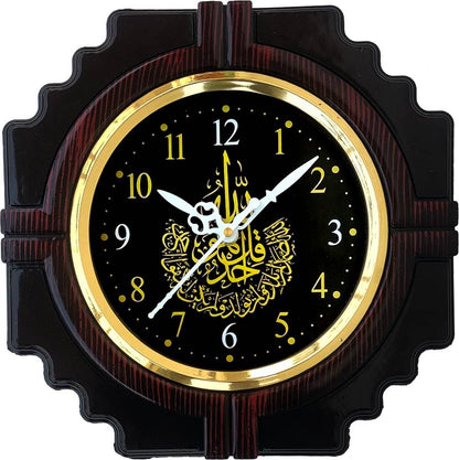 Brown analog wall clock with glass cover, featuring a classic round shape and clear clock hands for easy time reading.
