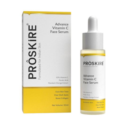 Two bottles of 1361 Exclusive Proskire Advance Vitamin C Serum, a facial serum and face oil for bright, healthy skin.
