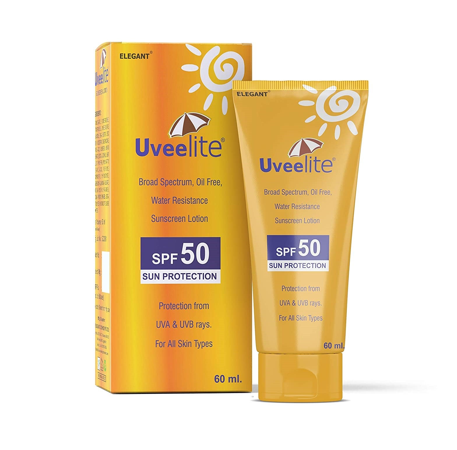 Uveelite SPF 50 broad spectrum sunscreen lotion in 60ml bottle, non-sticky formula, suitable for daily sun protection.