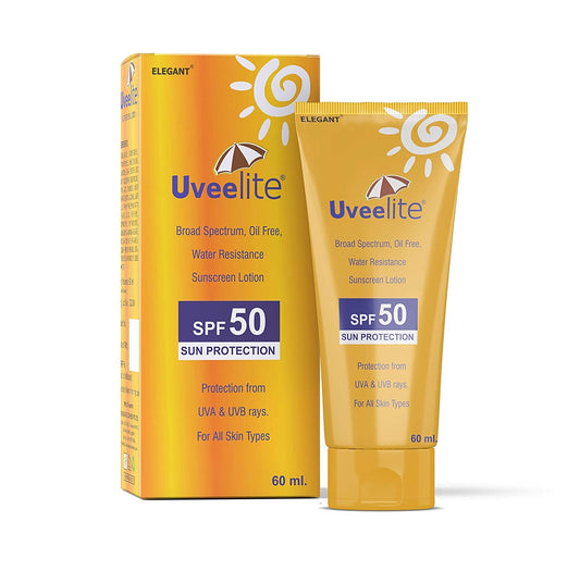 Uveelite SPF 50 broad spectrum sunscreen lotion in 60ml bottle, non-sticky formula, suitable for daily sun protection.