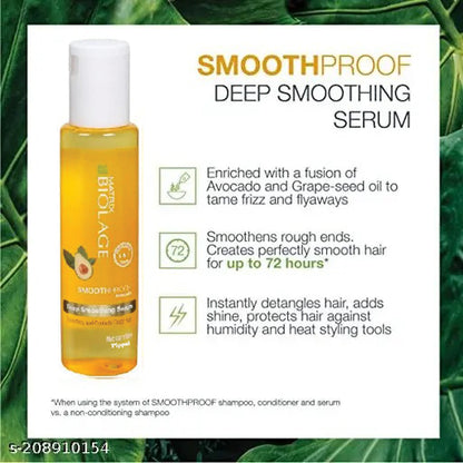 Biolage Deep Smoothing 6-in-1 Hair Serum for frizzy hair, 100 ml bottle, smooths, tames, and adds shine to hair.