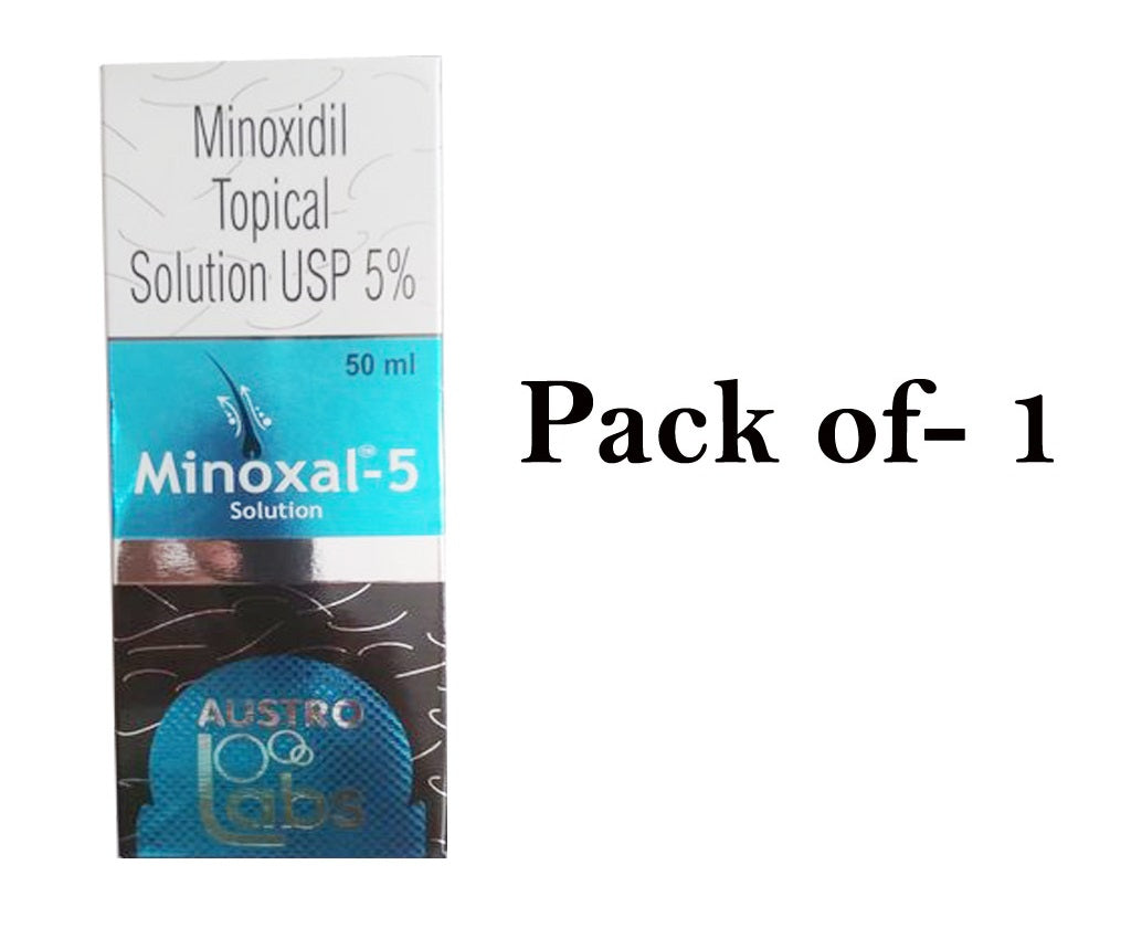 Austro Labs Minoxal hair serum bottle, 60ml, for hair growth, with clear label and applicator tip, on a neutral background.