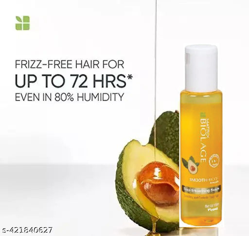 Biolage Deep Smoothing 6-in-1 Hair Serum for frizzy hair, 100 ml bottle with pump, showcasing glossy, smooth hair.