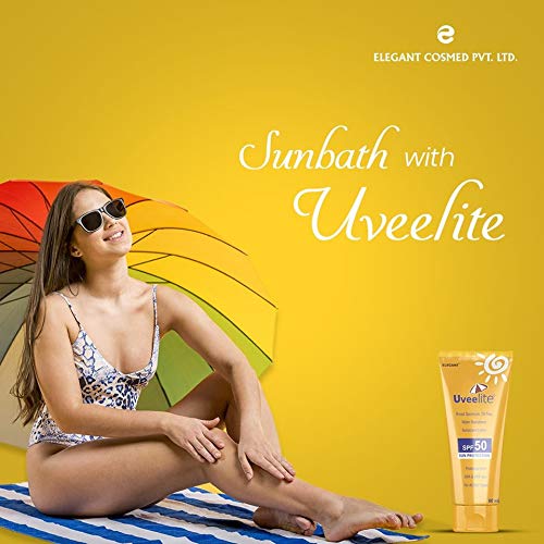 Uveelite SPF 50 broad spectrum sunscreen lotion in 60ml bottle, non-sticky formula, suitable for daily sun protection.