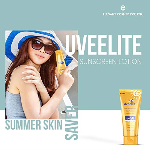 Uveelite SPF 50 broad spectrum sunscreen lotion in 60ml bottle, non-sticky formula, shown in the image.
