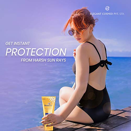 Uveelite SPF 50 broad spectrum sunscreen lotion in 60ml bottle, non-sticky formula, suitable for all skin types.