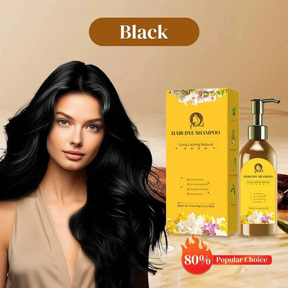 Long lasting natural hair dye shampoo from 16182, showing two bottles with herbal ingredients and vibrant hair color.