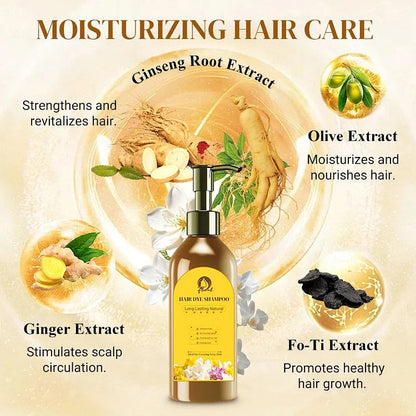 Long-lasting natural hair dye shampoo by 16182, showing a bottle of shampoo with a sleek label and natural hair care ingredients.