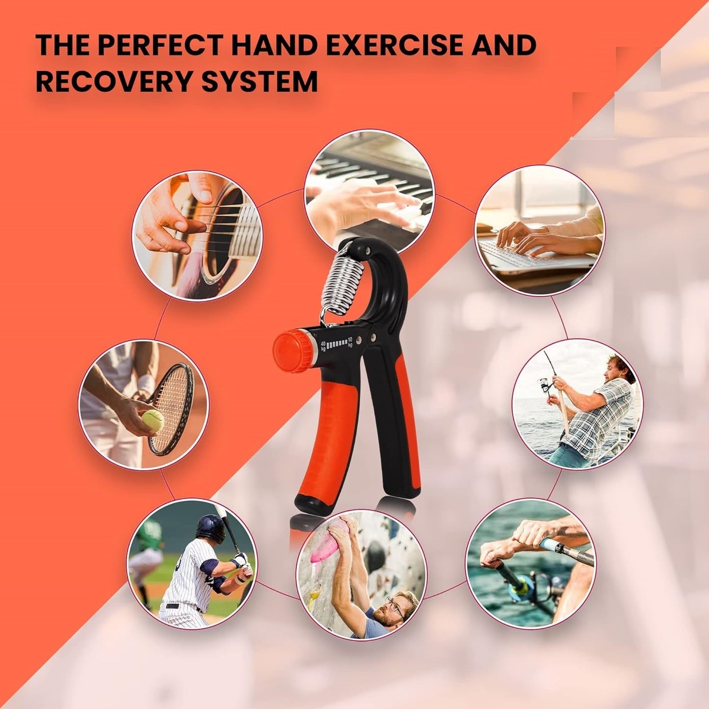 Orange and black 19226 hand grip strengthener with adjustable resistance for hand and forearm workouts, injury recovery, and athletic training.