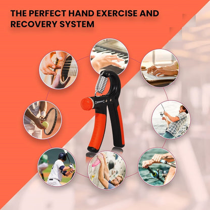 Orange and black 19227 hand grip strengthener, adjustable resistance hand gripper for grip and forearm training, injury recovery.