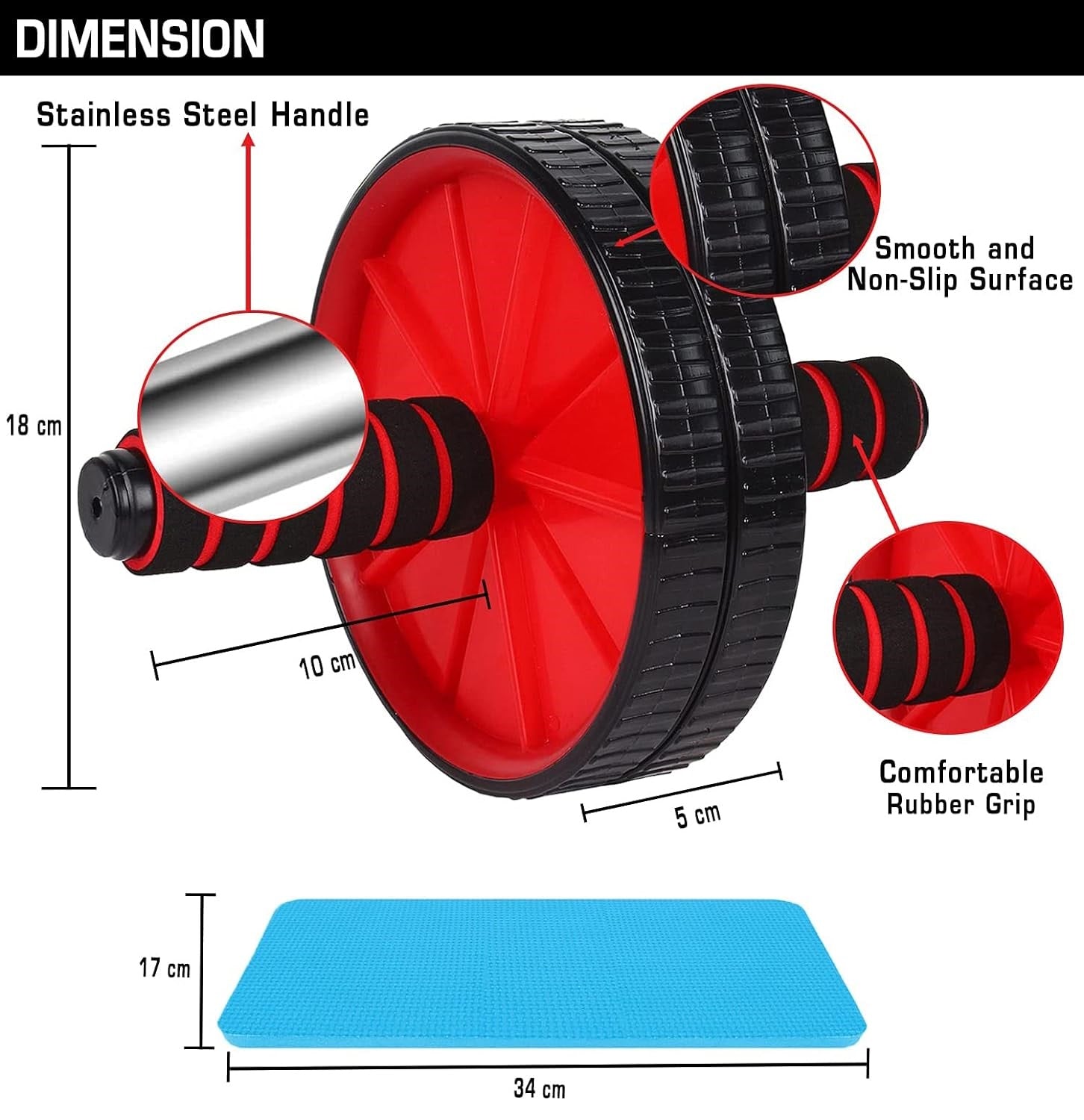 Red and black ab wheel roller for men and women, workout equipment for abdominal exercises with knee mat included.