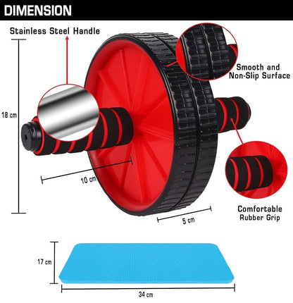 Red and black ab wheel roller for men and women, workout equipment for abdominal exercises with knee mat included.