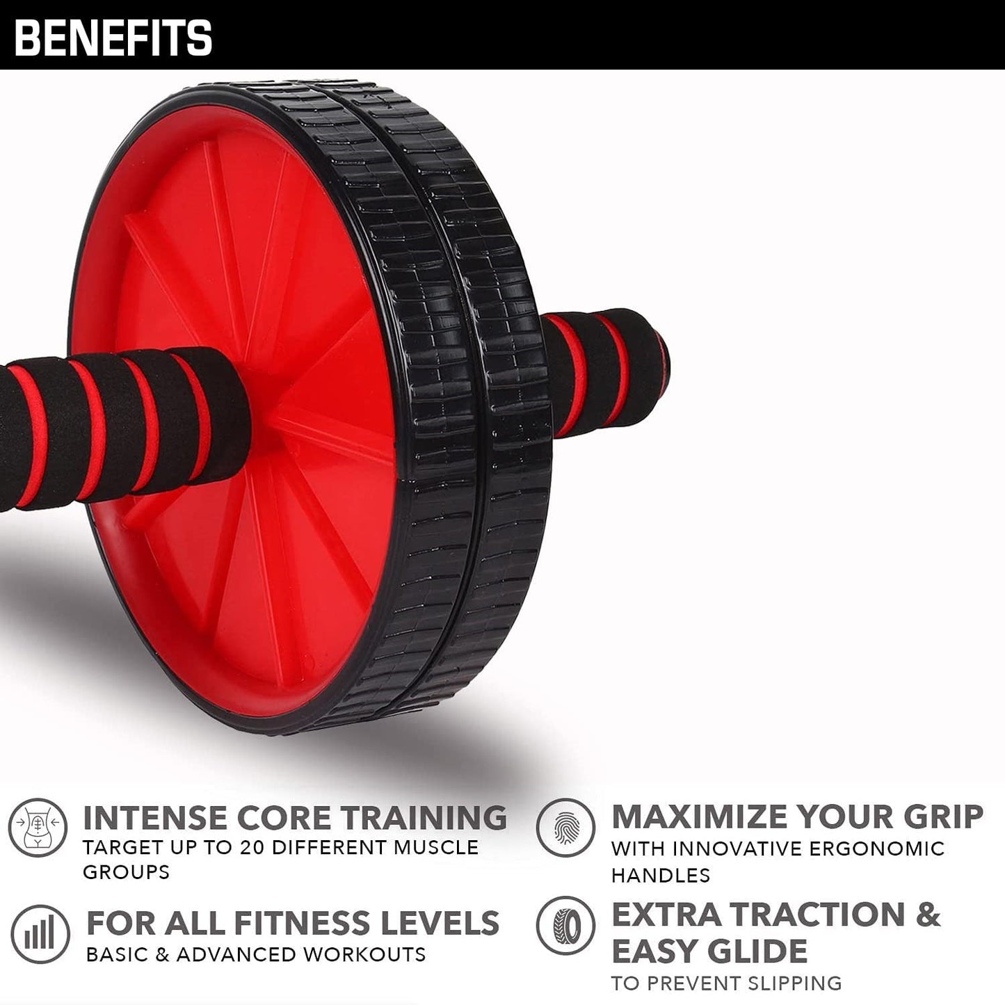 Red and black ab wheel roller for men and women, home workout equipment for abdominal muscles with knee mat.