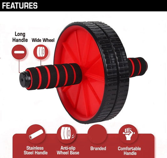 Red and black ab wheel roller for men and women, compact home workout equipment for stomach abs and core strengthening.