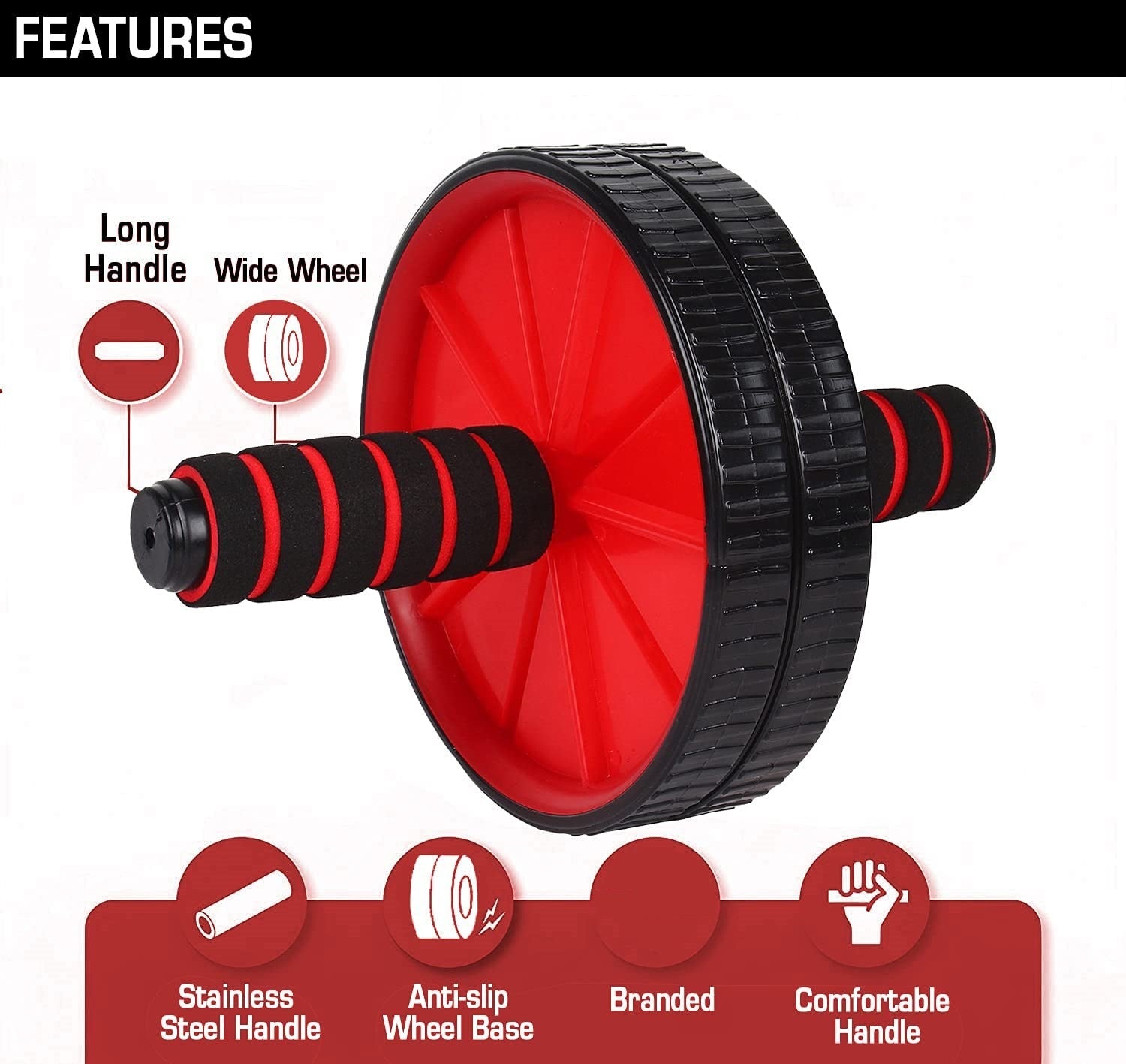 Red and black ab wheel roller for men and women, used for core workouts at home or gym, includes knee mat for abdominal exercises.