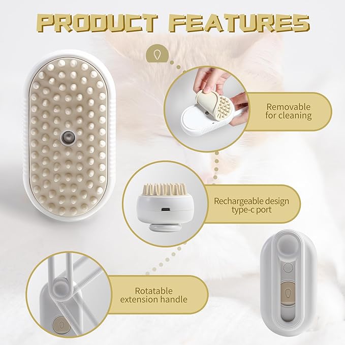 White 3-in-1 steam brush with built-in steamer for pets, ideal for grooming cats, dogs, and all furry animals.