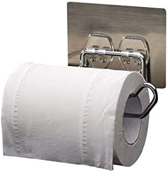 Stainless steel no drill self-adhesive toilet paper holder and towel rack for bathroom or kitchen, with sleek modern design.