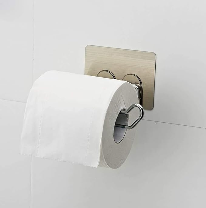 Stainless steel no drill self-adhesive toilet paper holder and bathroom towel rack for kitchen or bathroom use.