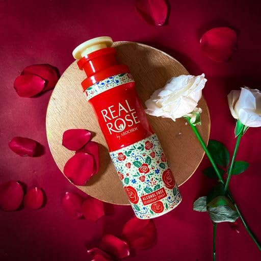 Real Rose alcohol-free deodorant spray by 6255, 200ml perfume bottle with a floral rose design.