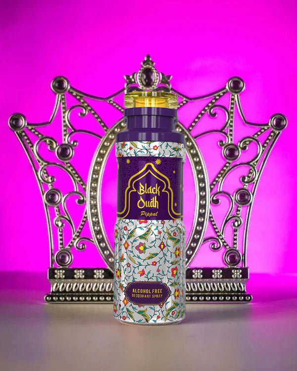 Black Oudh alcohol-free deodorant spray by 6255, 200ml bottle, featuring a sleek black design and subtle fragrance.