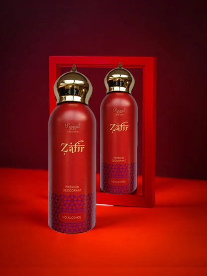 Set of three 200ml Zafir PREMIUM DEODORANT bottles, alcohol-free perfume for men and women, with sleek packaging.
