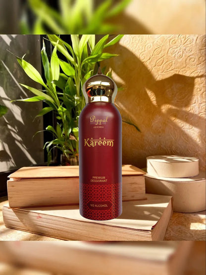 Kareem PREMIUM deodorant spray in 200ml bottle, alcohol-free perfume from 6255 brand, with a sleek design and label.