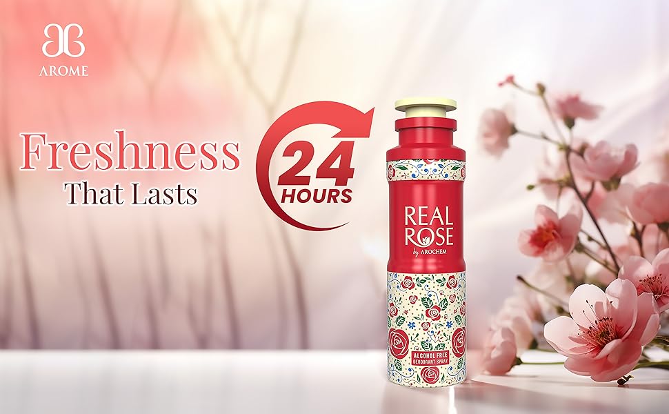 Real Rose alcohol-free deodorant spray by 6255, 200ml, in a pack of three, featuring a floral rose scent with a spray nozzle.