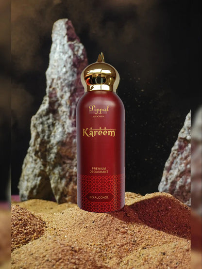 Two bottles of Kareem PREMIUM DEODORANT No Alcohol, 200 ml each, with sleek packaging, designed for effective odor control.