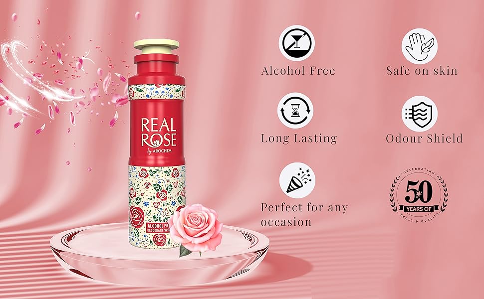 Real Rose alcohol-free deodorant spray in 200ml bottle from 6255, featuring a floral rose scent and easy-to-use spray application.