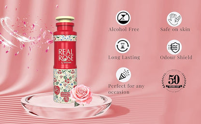 Real Rose alcohol-free deodorant spray by 6255, 200ml, featuring a floral perfume scent in a sleek spray bottle.