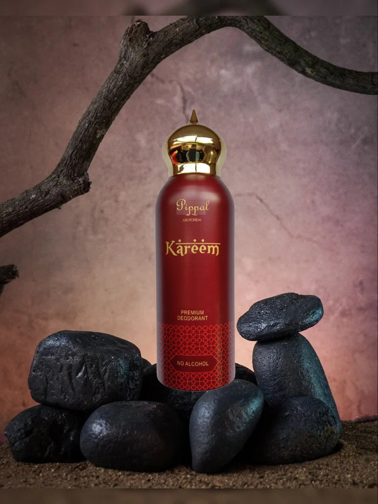 Kareem PREMIUM DEODORANT No Alcohol 200ml bottles in a pack of three, featuring sleek packaging and spray nozzles.