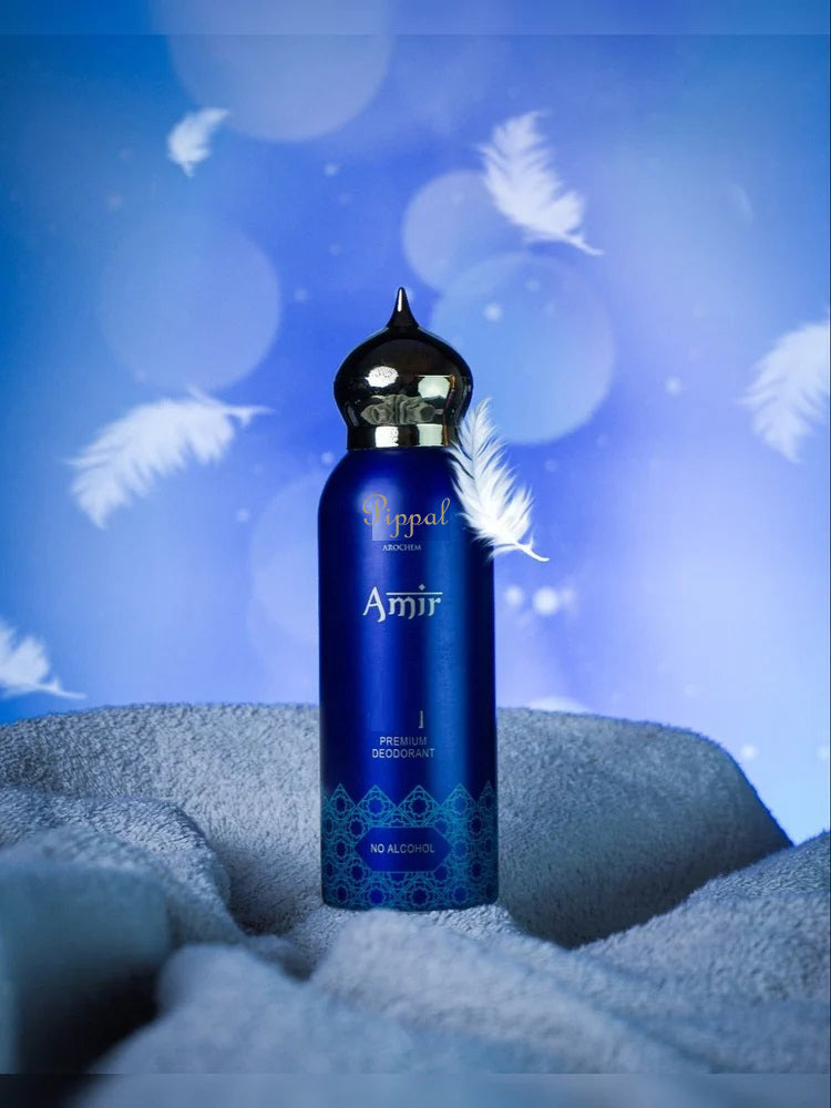Two bottles of 6255 AMIR Premium Alcohol-Free Deodorant with 200ml capacity, featuring sleek packaging and spray nozzles.
